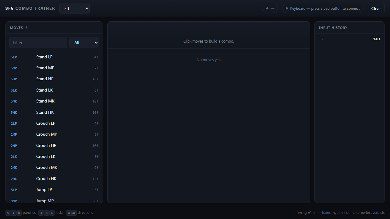 The SF6 combo trainer: a searchable movelist with frame data on the left, a combo stage in the middle, and live input history on the right.